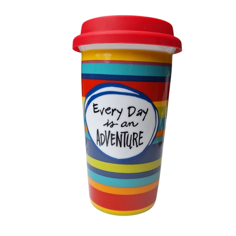 Pier 1 Coffee Mug Tumbler w/lid Everyday Is An Adventure Rainbow  Stripe Travel